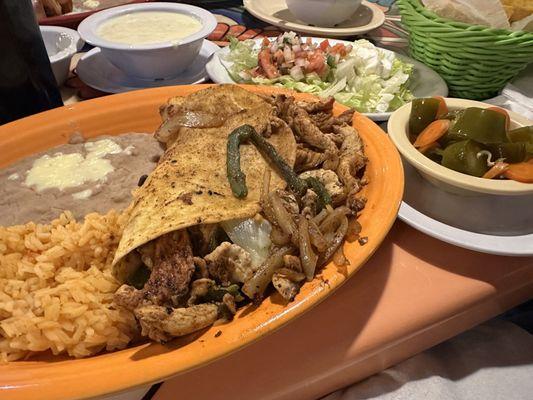 Fajita Quesadilla with pico de gallo and Queso dip/chips