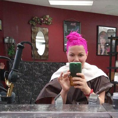 This is me with dye on my head at the salon.  It's a little pink, huh?