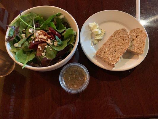 Salad (with goat cheese, bacon, beets, and a balsamic vinaigrette on the side) and irish soda bread and butter. 8-9-19