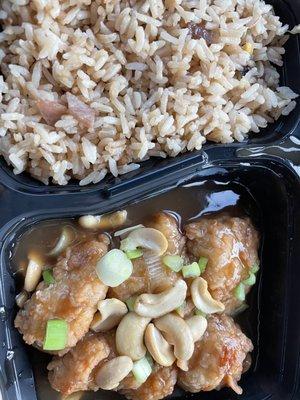 Cashew chicken and fried rice special. Tasty