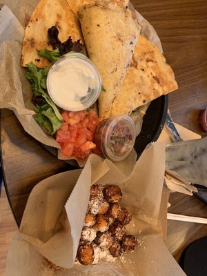 Chicken Quesadillas and sweet potato tots