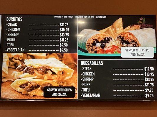 Burritos and Quesadillas menu