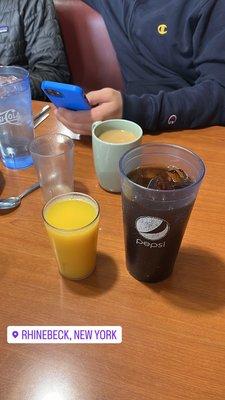 Orange juice and iced coffee