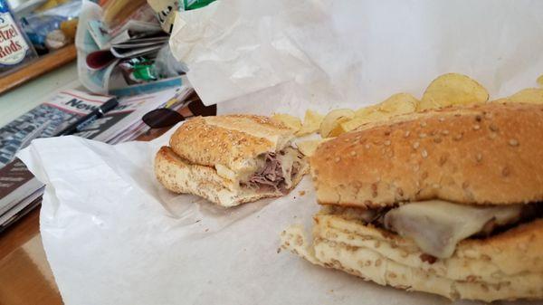 Roast beef on garlic bread with melted cheese...