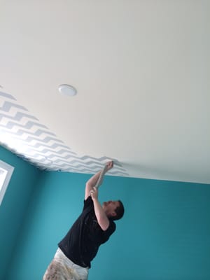 Chevron stenciled ceiling in progress