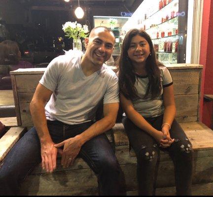 Arianna and her dad Aaron enjoying the evening after dinner.