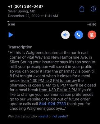 Voicemail from Walgreens on 12/22/22