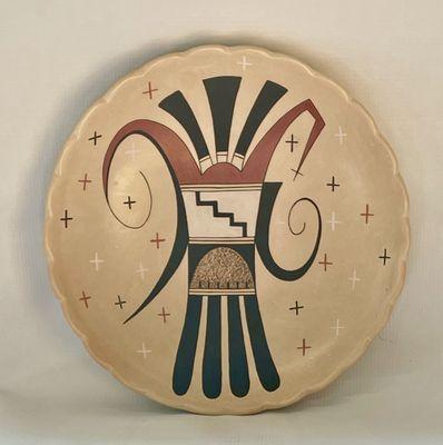 Polychrome plate with eagle tail feathers and turkey tracks native clay and natural pigments by Valerie Kahe - Hopi