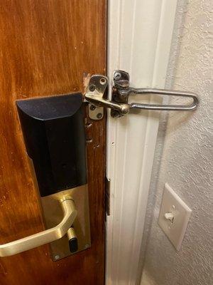 Broken door lock. If you push the door hard enough it will even open..