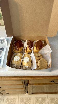 Beautiful eclairs with a side of peanut butter cookies!