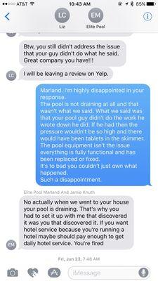 Here is the conversation by text with Marland from Elite pools.