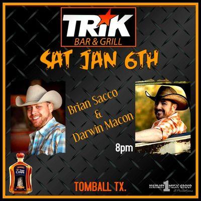 Tomorrow night Saturday, January 6th at 8PM     Come enjoy great food, drinks and live music by Brian Sacco & Darwin Macon!!