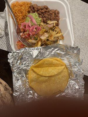 Chicken plate, comes with rice, beans, and tortillas. Hubby says chicken was tender.