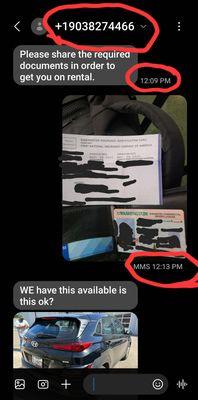 "Still on the phone with them and they ask for my drivers lic and Insuance" to obtain a shuttle ride to pick up a car from them.