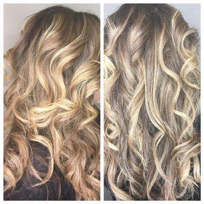 Lovely hand painted balayage highlights with a level 7 blond base.