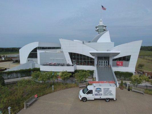 Cleaning the exterior of the discovery park of America. This is our 3rd time power washing the building.