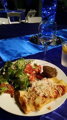 Scratch Event Catering: Delicious house salad, Beef tips, and stuffed manicotti.  Perfect for a wedding..