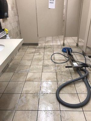 We were requested it to clean the tile and grout at restrooms floor. This is a picture Before .