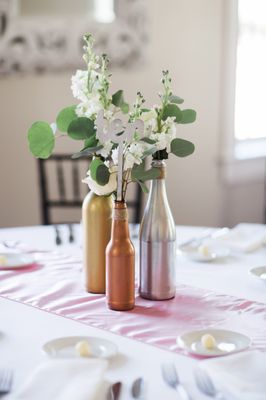 Center pieces: bottles were DIY, arranged and delivered by Jade Violet. PC Brooke Images Photography