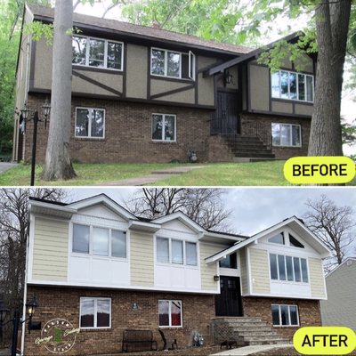 Before and after in Wayne NJ. Brand new roof with new framing. New James Hardie siding with Azek paneling, Board and Batten and New Gutters!