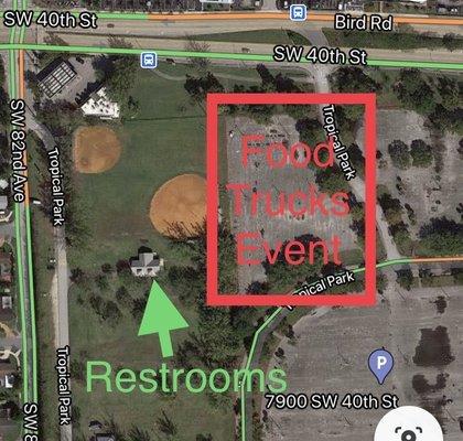 Location of the food trucks event inside Tropical Park (close to Bird Road entrances)