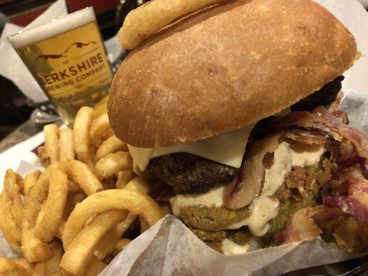 Deep fried pickle burger with a steel rail pale ale. Best burger I've had in a very long time. Huge, juicy and crunchy!