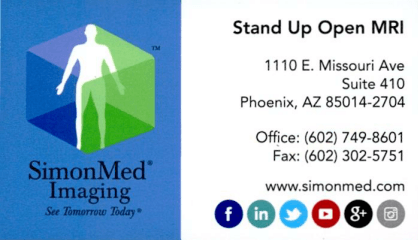 Stand Up Open MRI Business Card with updated info.