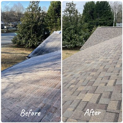 Before and after of shingle roof installation.