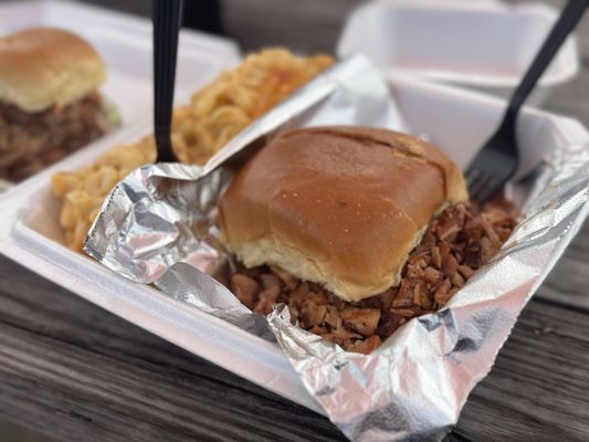 Chipped chicken sandwich platter and Mac and cheese for both sides.