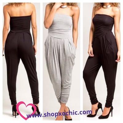 Minimal & Chic, strapless jumpsuit available in blk., or Gray.