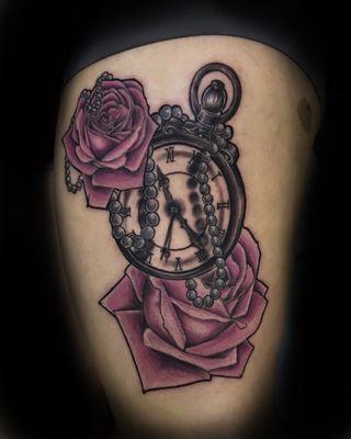 Custom watch and roses on leg  by Jayse... wed-sat