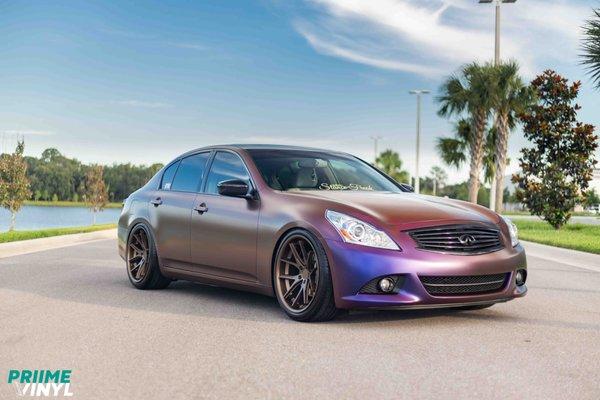 Here is Grant's fully wrapped G37. The 3M Satin Thundercloud vinyl pairs well with those gold Vossens!