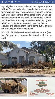 This is what used to called M-1 Expert Tree service. Numerous BBB complaints and terrible reviews. Crooks!