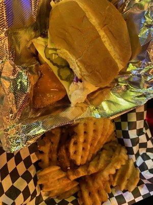 Chicken sandwich and waffle fries