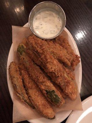 Fried okra and pickles. It's whole pickled okra.