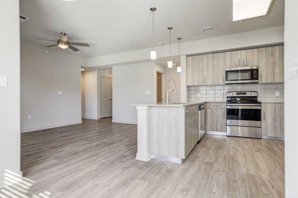 Apartment home living area and kitchen