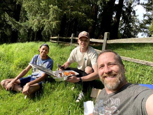 This is my sons (son & son 'n law) and I eating Fire On The Mountain atop of Mt Tabor.