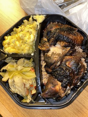 Jerk Chicken White with Macaroni & Cheese and Cabbage