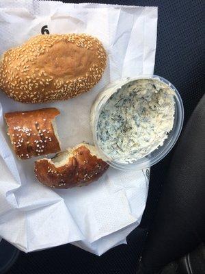 Spinach dip, soft pretzel stick, Belgium pretzel bagel and untouched sesame jars roll. Sorry could not wait.