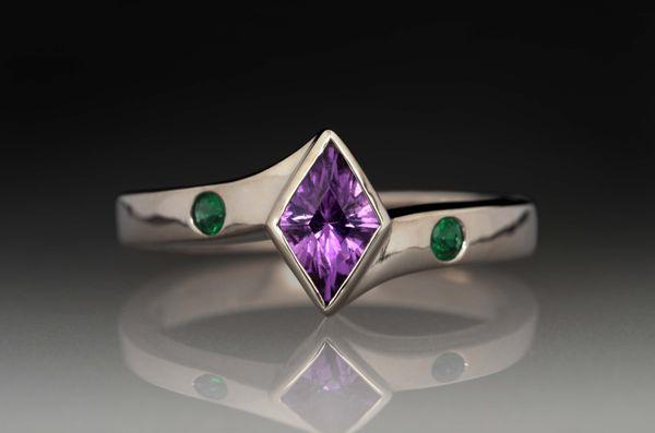 Custom Design Purple Sapphire and Emerald Engagement Ring.