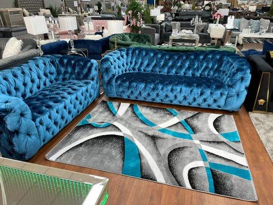 Blue Upholstered Sofa & Loveseat