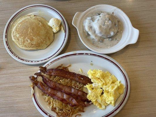 Pancakes, Sausage & Gravy, Eggs, Bacon and Hashbrowns