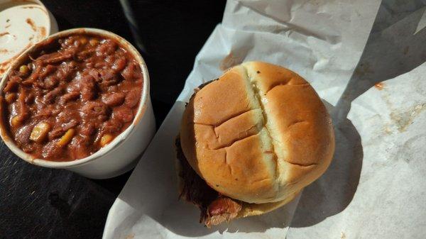 Brisket sandwich and meaty beans