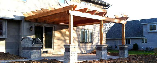 Cedar Pergola With Shade Canopy, Built-In Grill Island and Paver Patio in Appleton