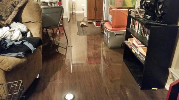 First flood in april. Me and neighbors cleaned it all up. Handy man did not show til next day.