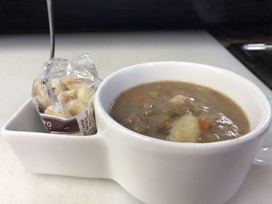 Cup of beef stew...delicious in winter but they have soups all year