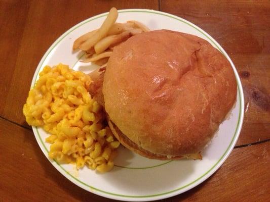 Fish sandwich, fries, and mac and cheese