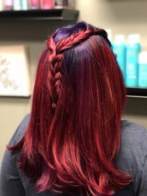 This is a bold violet shadow root with bright reds and pinks throughout the ends