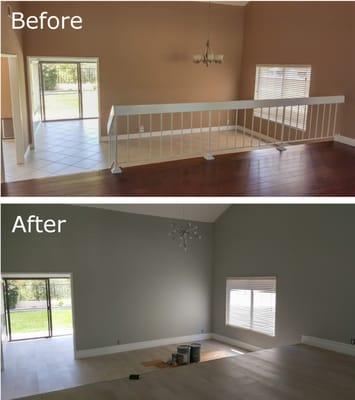 Before: Living room with engineered wood and dining room with porcelain tile, After: Living/Dining with porcelain tile with Schulter trim