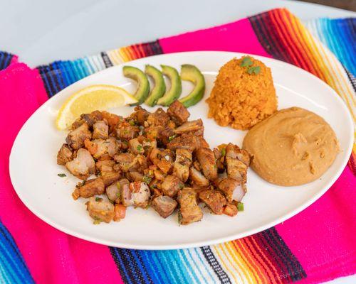 Chicharrones Meat plate with Rice and Beans